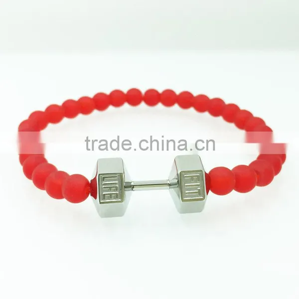 6mm Glass Bead Stretch Bracelet With Charm Fit Life Dumbbell Bracelet photo-3