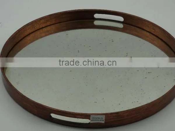 Antique Golden Painted Round Wooden Mirror Tray photo-2