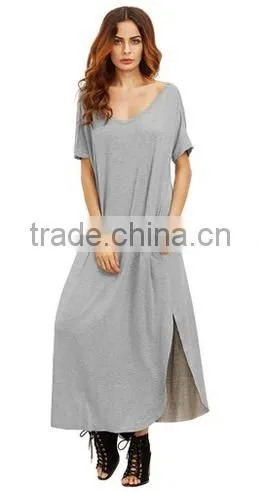 Women's Casual Loose Pocket Short Sleeve Split Long Maxi Dress photo-3