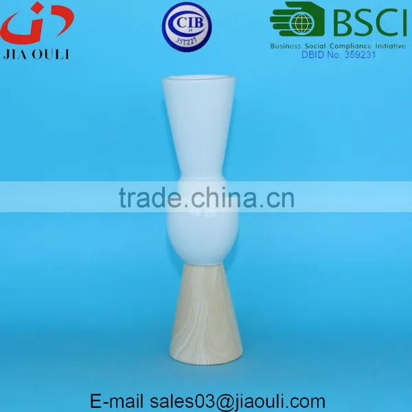 Popular Style Tall Pillar With Wood Print Bottom Ceramic White Vase for Decoration photo-2