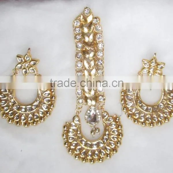 Kundan Jadau Earring Tikka Gold Plated Chand Bali Set photo-4