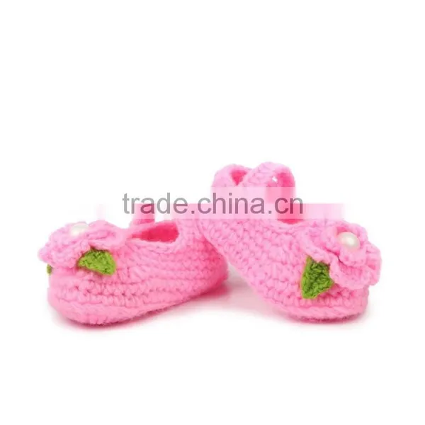 Green Leaves Embellished Hand Made Crochet Knitting Flower Girl Shoes photo-5