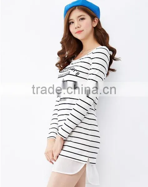For Women This White Collar and Body Text Printed Chiffon Stitching Knitted Stripes Long-sleeved Dress photo-3