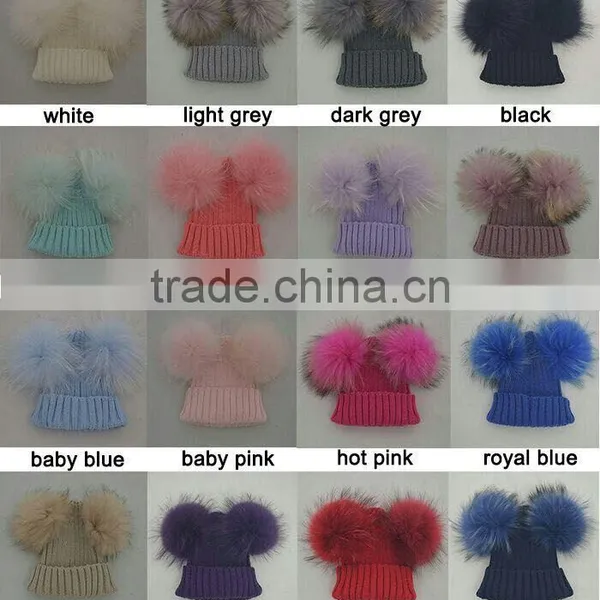 Myfur Baby Blue Wool Crochet Knitted Hats With Double Removable Raccoon Fur Balls photo-6