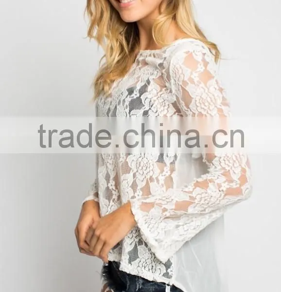 Beautiful Lace Front Long Sleeve Lower Back Lace Blouse photo-4