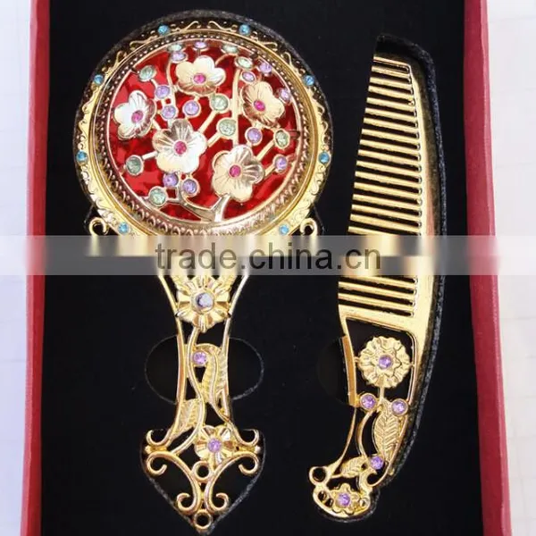 Antique Imitation Cosmetic Metal Pocket Mirror With Hair Comb,Handle Mirror/Hand Held Makeup Mirror/Round Fashion Mirror photo-2