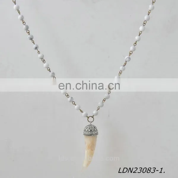 Fabulous Natural Stone Horn Pendant Bohemian Vintage Long Beaded Charm Agate Necklace for Women photo-2