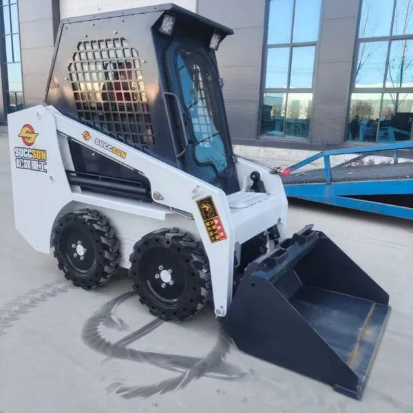 Seat-mounted skid-steer loader, quick-change attachments, rotary forklift, electric diesel engine