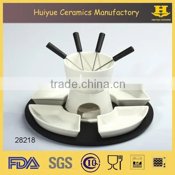 Ceramic Cheese Fondue Set With Bamboo Base, Cheese Set for 4 People