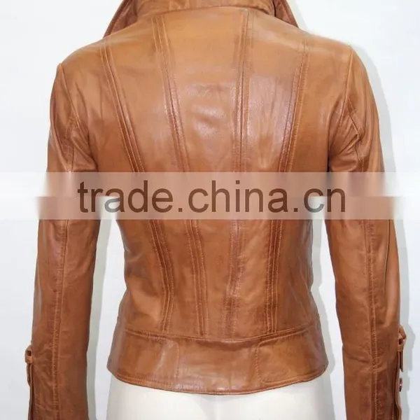 Ladies Short Tan 4110 Fitted Waist Length Soft Napa Lambskin Real Leather Jacket photo-2