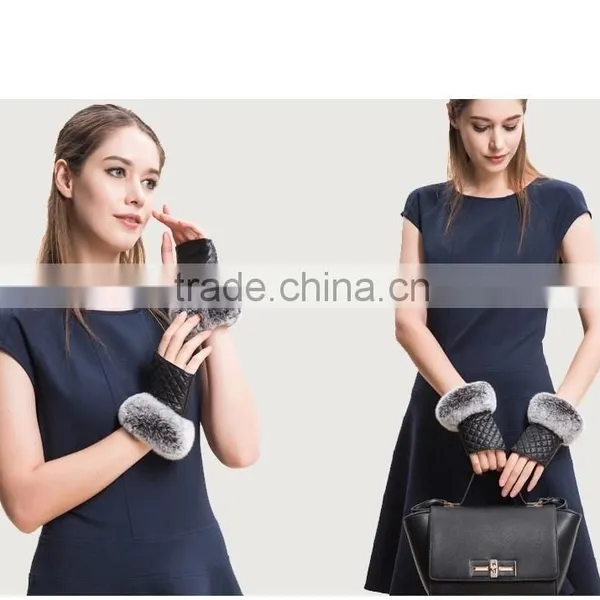 Fingerless Gloves Sheepskin Gloves Mittens With Rex Rabbit Fur Trim For Winter Lady photo-3