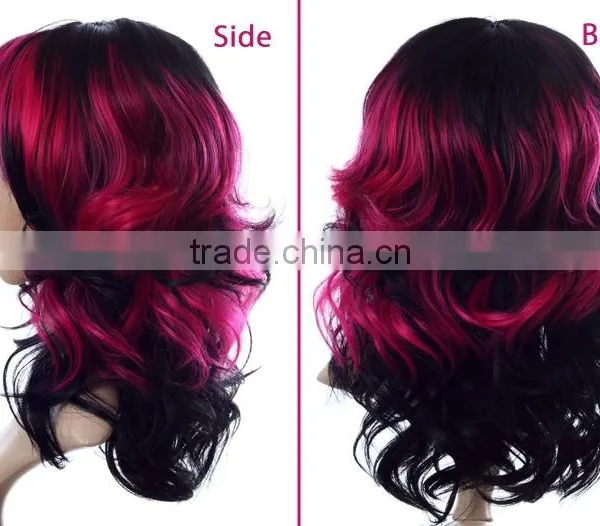 Cheap Red Sex Mixing Wig Ombre Synthetic Lace Front Hair Wig With Bangs photo-3