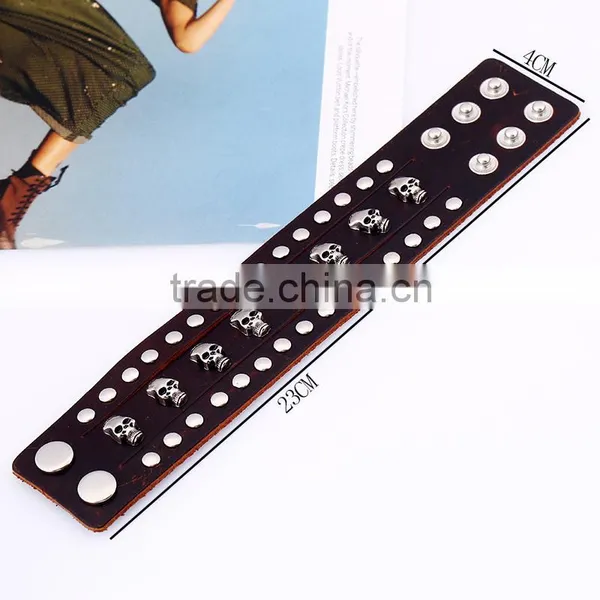 Fashion Men Jewelry Cow Rivet Skull Charms Leather Bracelet photo-2