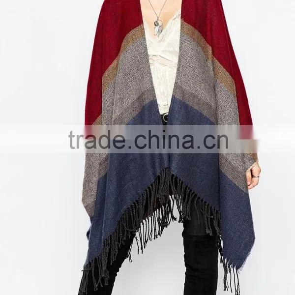 Elegant Striped Design Poncho With Fringe Western Women Tassel Trim Poncho photo-4