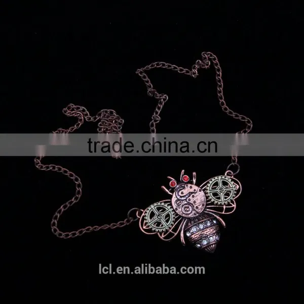 2015 Yiwu Fashion Jewelry Hot Sale Steampunk Bee Gear Pendant With Crystal Statement Necklace Red Copper photo-3