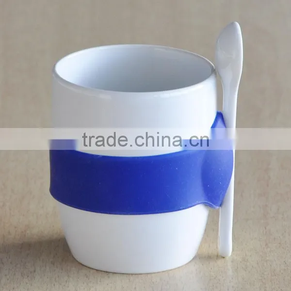 Solid White Ceramic Mug With Silicon Grip and Spoon photo-2