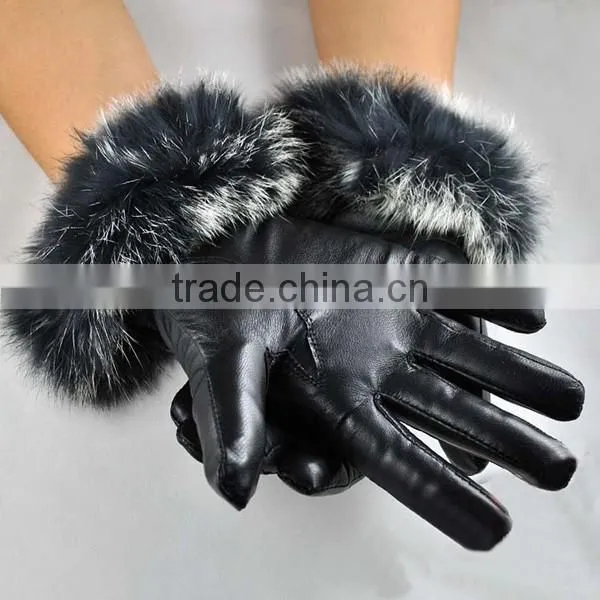 Women's Leather Gloves Autumn Winter Warm Rabbit Fur Gloves Sheepskin Mittens photo-3