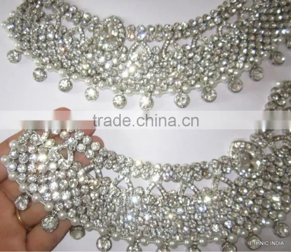 Bridal Silver Crystal Broad Payal ANKLETS Pair Feet Bracelet photo-3