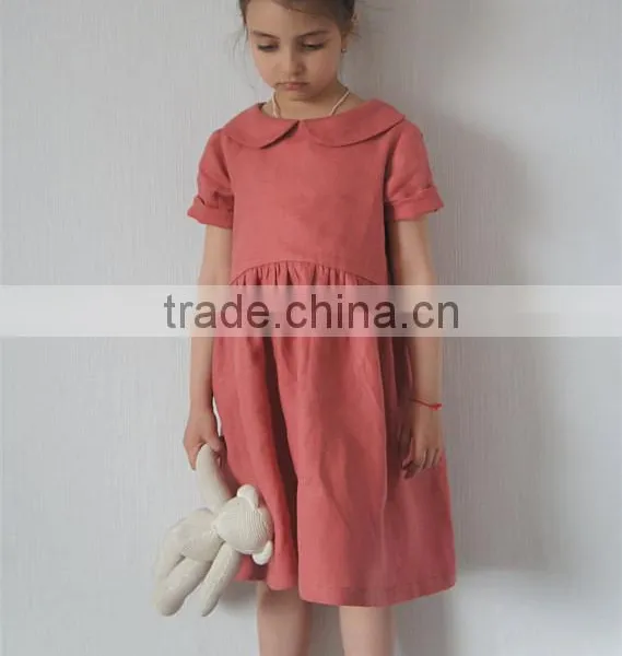 Pink Coral Wholesale Clothing Linen Dress Peter Pan Collar Child Clothes photo-2