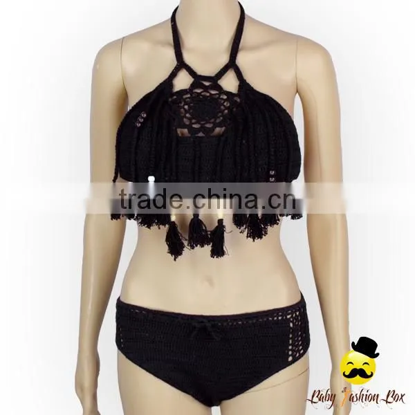 Bohemia Style Black Plain Knitting Halter Decorative Tassel Kids Holiday Swimwear Yong Girl Indian Remake Photo Bikini Bra photo-3