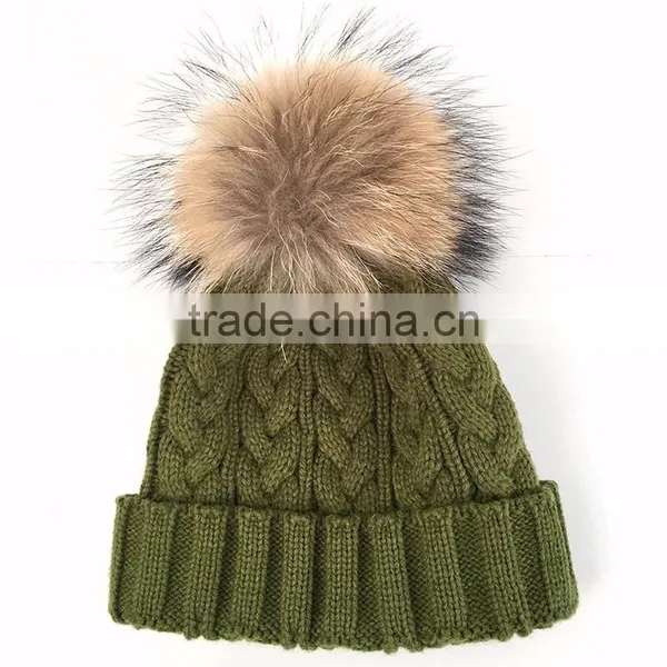 Myfur Khaki Green Wool Knitting Cap and Hat for Adults With Real Raccoon Fur Pom Pom photo-2