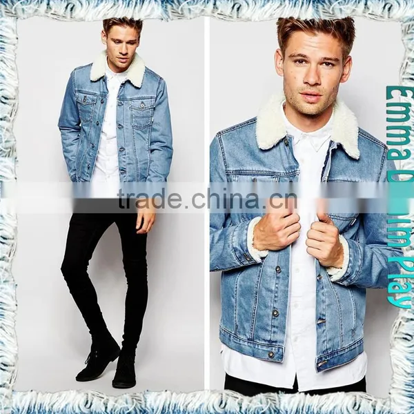2015 New Style Winter Men's Light Blue Denim Fleece Jackets Coat photo-4