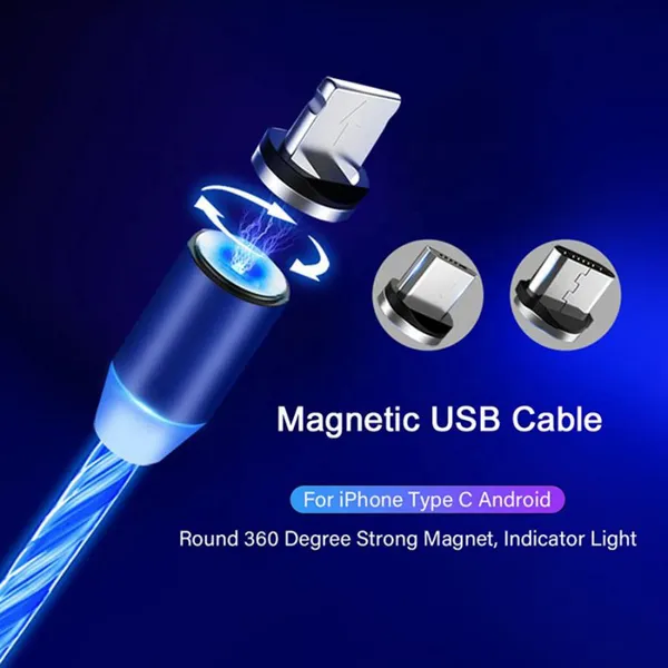1m Led Flowing Light Usb 3 in 1 Fast Micro Type C Magnet Charger Magnetic Charging Cable For Iphone photo-5
