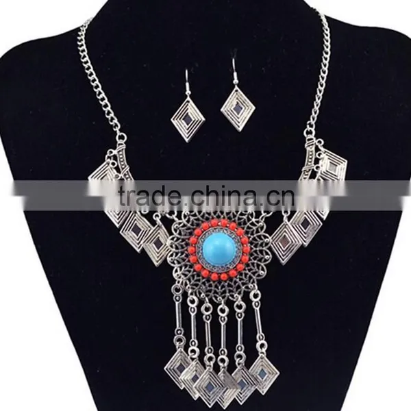 Fashion Jewelry Vintage Look National Style Turquoise Jewelry Set Long Chain Necklace Set photo-4