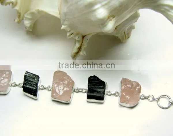 Rose Quartz & Tourmaline Multi Stone Rough Bracelet, 925 Solid Sterling Silver Bracelet, Designer Gemstone Raw Bracelet photo-3