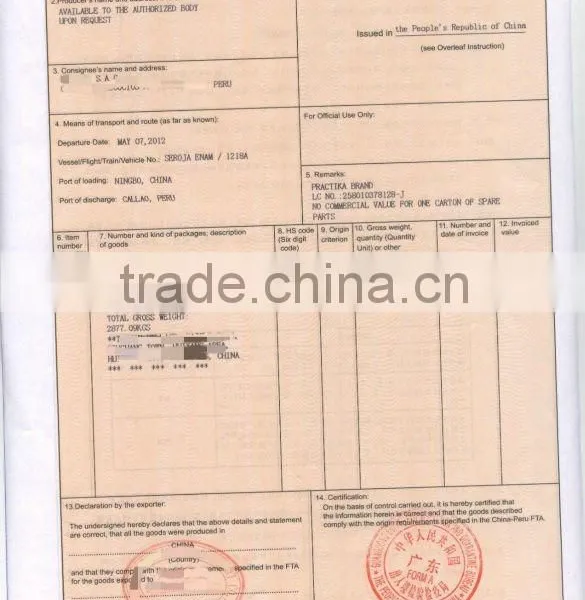 Certificate of Origin From Dongguan FORM R