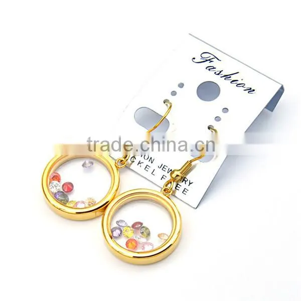 Womens Fashion Round Earrings Stainless Steel 18k Gold Plated Glass Earrings photo-3