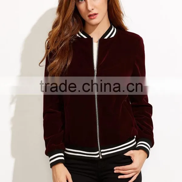 Jacket Women Winter Burgundy Stand Collar Bomber Jacket Slim Fit Velvet Blazer With Striped Trim Detail photo-2