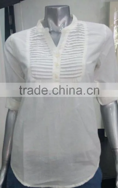 Ladies Button Down Shirts With Pintuck on Chest and Fold up Sleeve photo-2