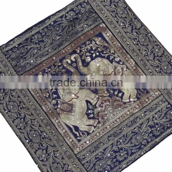 Elephant Accent Pillow - Navy Blue Zari Brocade Sari Sequin Cushion Cover 16" photo-2