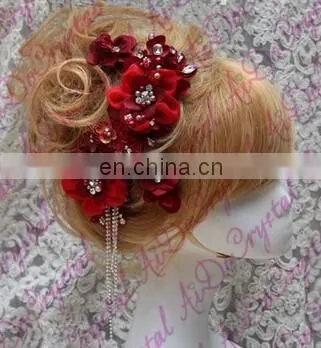 Aidocrystal Red Gradient Gem Combs the Bride Lace Flannelette Handmade Hair Accessories photo-4