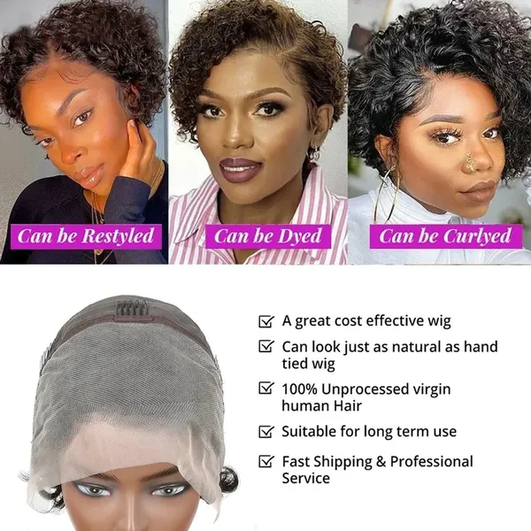 Short Kinky Curly Human Hair Lace Frontal Wig Pixie Cut Wig Human Hair 13X4 Lace Front Natural Brazilian Hair Wigs For Women photo-3