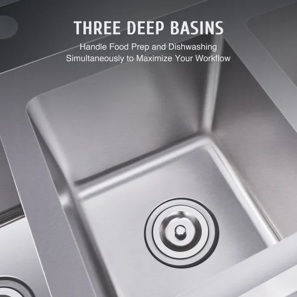 Stainless Steel Three-bowl Commercial Sink, Multi-purpose Sink for Kitchen Worktops, Suitable for Restaurants, Bars, Home Laundry Rooms, Garages. photo-4