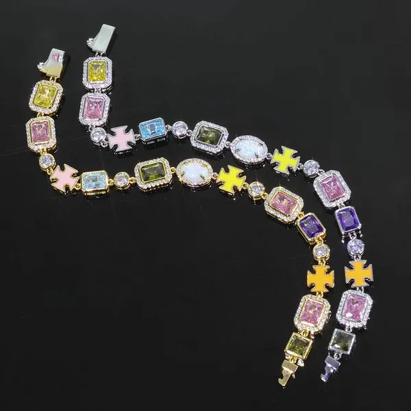Geometric Colorful CZ Gemstone Chain Bracelet 10mm Silver Gold Multi Color Enamel Motif Hip Hop Unisex Jewelry Gift photo-3