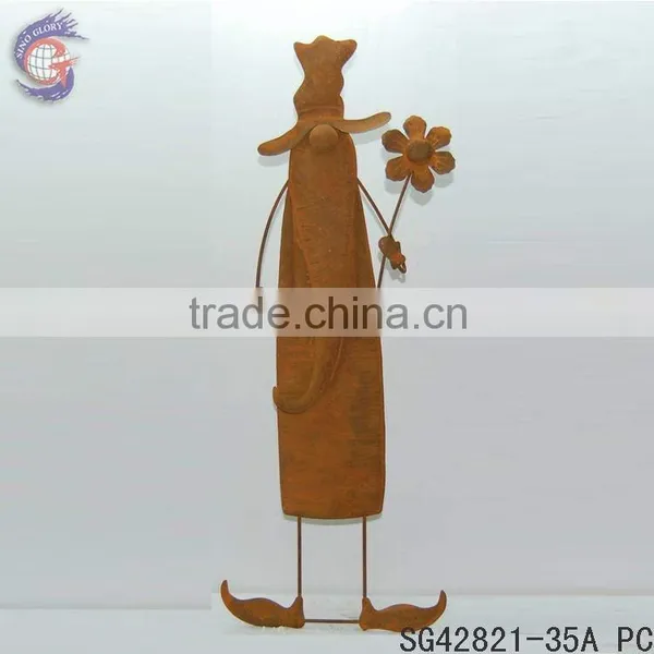 Rustic Metal Gnome Holding Flower Ground Stakes for Garden Decorations photo-2