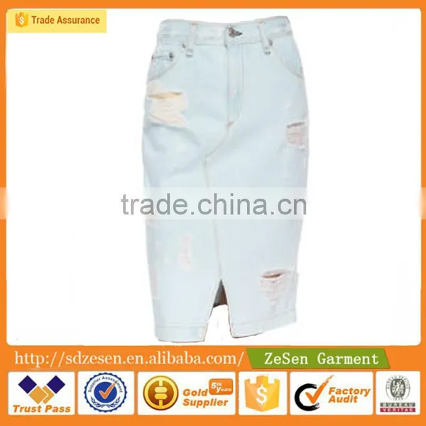 100% Cotton Wholesale Destroyed Zip Fly Straight Hem Summer Maxi Jeans Skirt For Lady photo-6