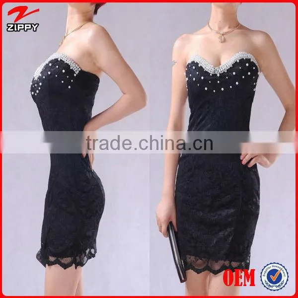 Sexy Night Club Dress Beading Decorative Lace Transparent Low Breast Sheath Over Hip Bare-Back Strapless Sexy Club Dress photo-6