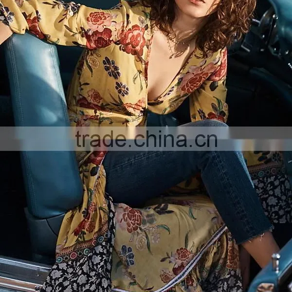 Vibrant Colors Embedded Vintage Long Sleeve Floral Maxi Dress Western Frock Designs For Ladies HSd5158 photo-2