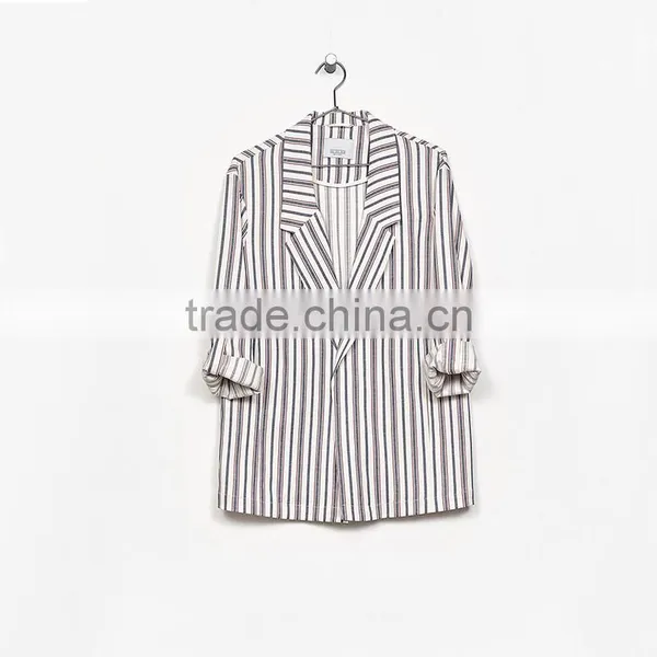Long Flowing Jacket With Rolled up Sleeves Striped Blazer Coat Womens photo-5