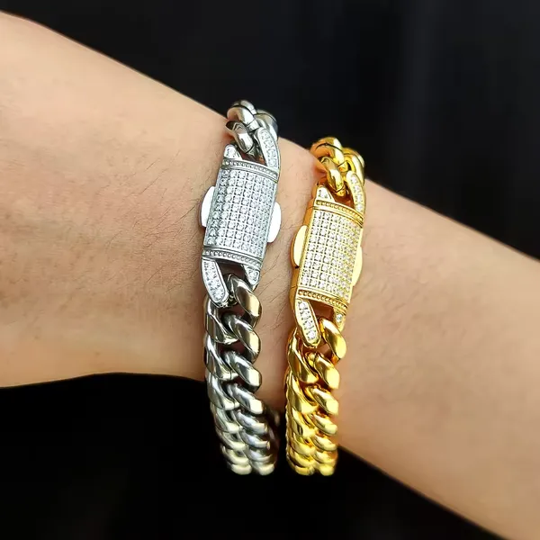 Pulsera De Acero Hombre Hip Hop Stainless Steel Luxury Cuban Jewelry CZ Diamond Bracelets photo-3