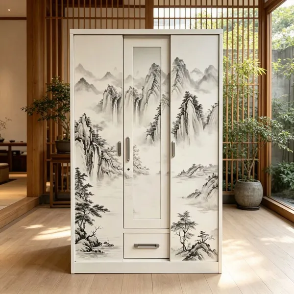 UV Printing Knock‑down Flat‑pack 3‑Door & 4‑Door Steel Wardrobe With Mirror Drawers Multi‑purpose Clothes Storage Cabinet Custom Color Export photo-2