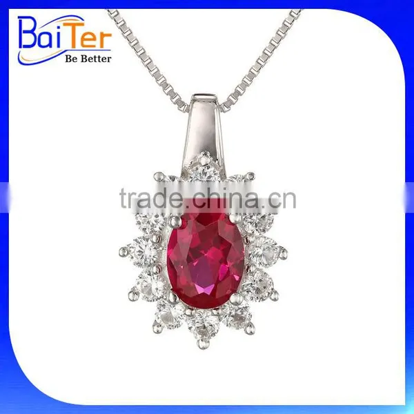 Fashion White Gold Plated 3 Three Stones Cubic Zircon CZ Genuine 925 Sterling Silver Lab Created Ruby Pendant photo-3
