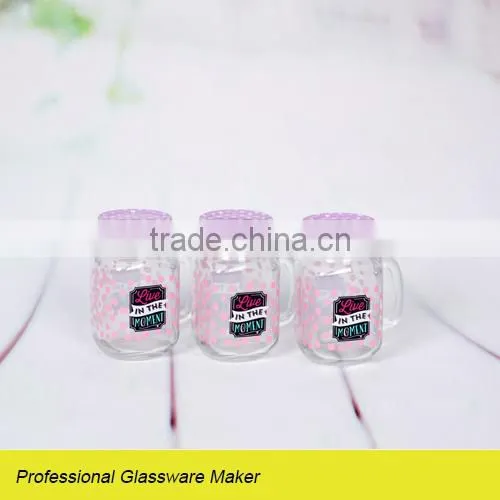 decal 3pcs glass drinking set with colored metal lid