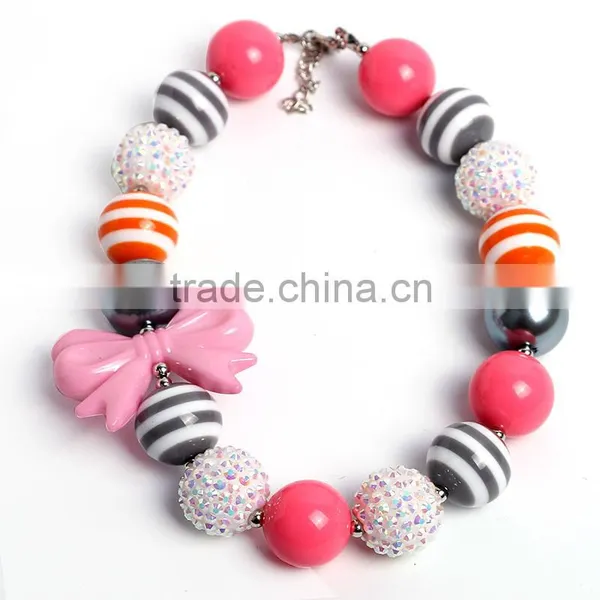 Kid Child Bubblegum Chunky Necklace Baby Girls Hot Pink Bowknot Chunky Necklace Baby Jewerly photo-2
