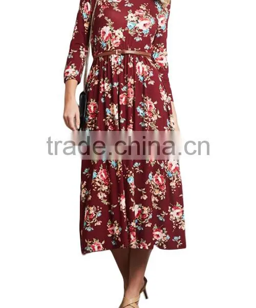 Private Label Long Sleeve Floral Pocket Midi Length Fashion US Size Women Dresses 2017 Summer photo-3