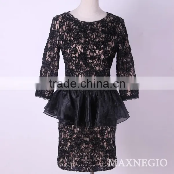 Hot Sale Above Knee Mini 3/4 Sleeve Hot Girl Sexy Club Black Lace Gold Sequin Sexy Prom Dress photo-2